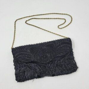 Vintage Black Beaded Evening Clutch With‎ Gold Chain Strap